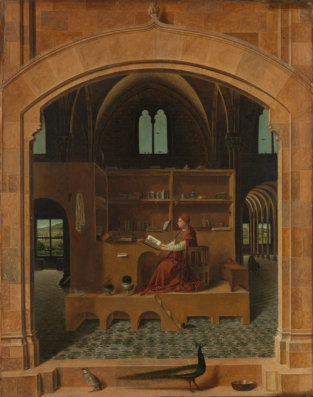 A freestanding wooden study platform inside a vast vaulted hall. A scholar in cardinal red sits reading one book, shelves of books and objects around him; his shoes wait at the foot of the steps; a peacock and a partridge stand in the foreground and a lion prowls in the aisle to the right.