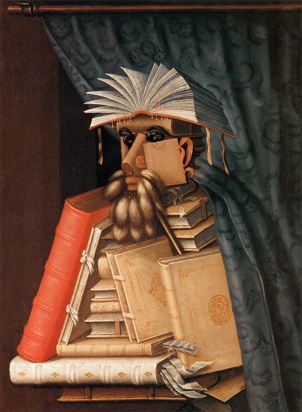 A man assembled entirely from books: an open volume fans as hair, grey dusters stand in for a beard, stacked folios make the chest and arms, and strips of paper hang where fingers should be. A curtain is drawn aside behind him.