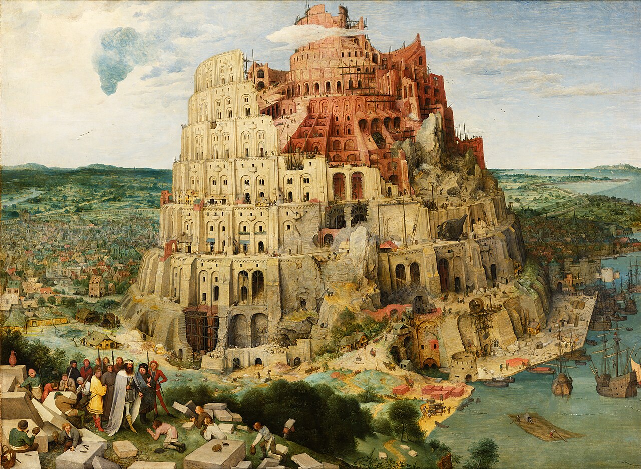 A vast spiral tower dominates a coastal plain, pale and finished in its lower storeys and raw red brick with scaffolding at its crown, leaning slightly and built around exposed rock. At the lower left a crowned king with his retinue receives kneeling stonemasons; a city and busy harbour spread at the tower's foot.