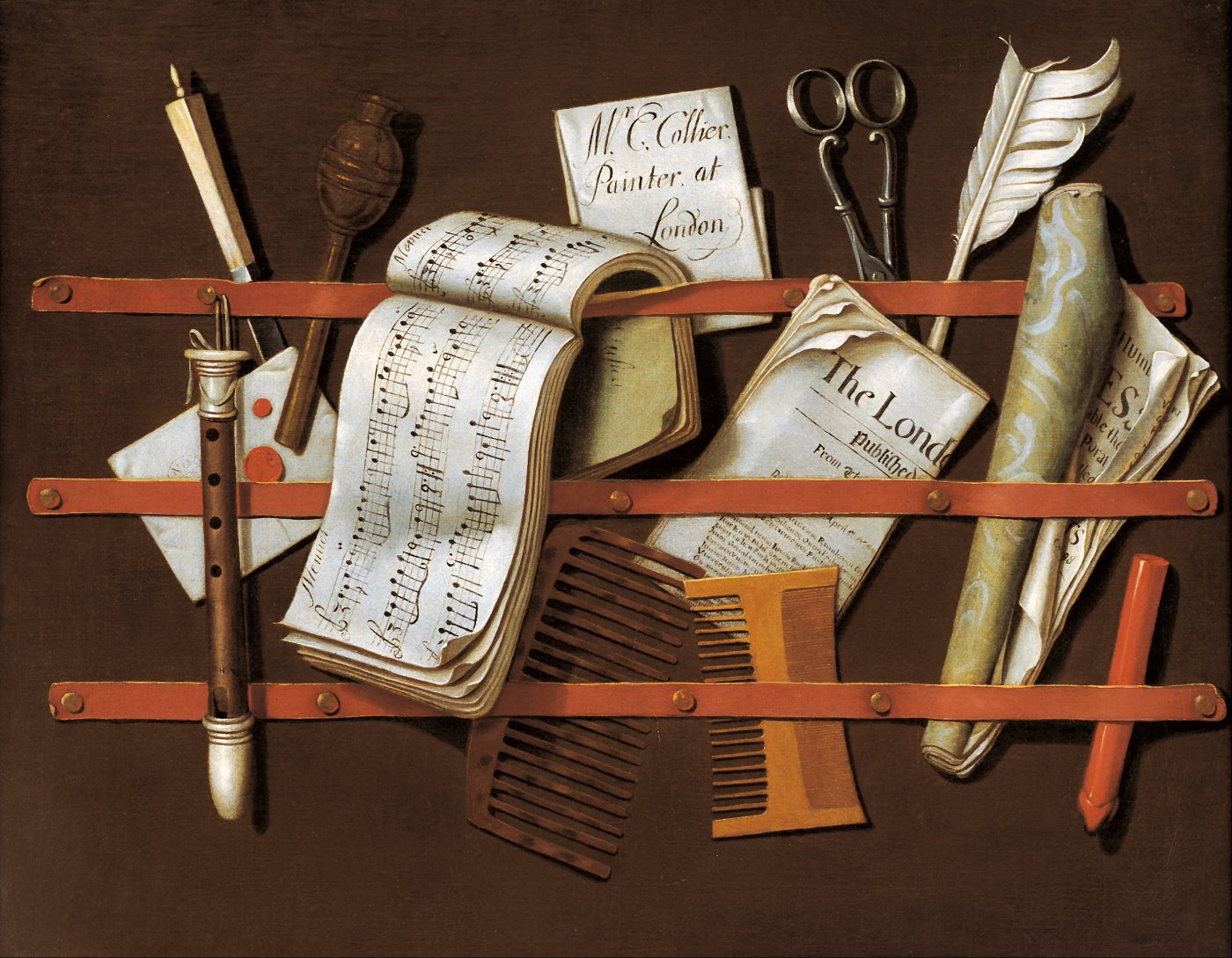 A trompe-l'oeil painting of three red leather straps nailed across a dark board, holding a sealed letter, a folded London newspaper, a thick fold of sheet music, a rolled pamphlet, two combs, a recorder, scissors, a quill pen and a stick of red sealing wax.
