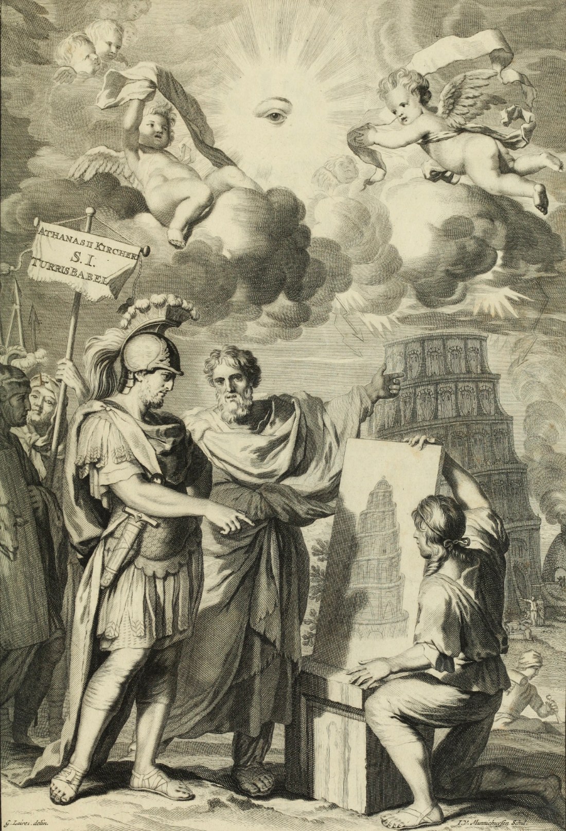 An engraved frontispiece. A crowned king in Roman armour is shown a neat elevation drawing of a spiral tower, held by a kneeling draughtsman, while the real tower rises unfinished and smoking in the background. Above the clouds, putti hold a banner and a radiant eye looks down.