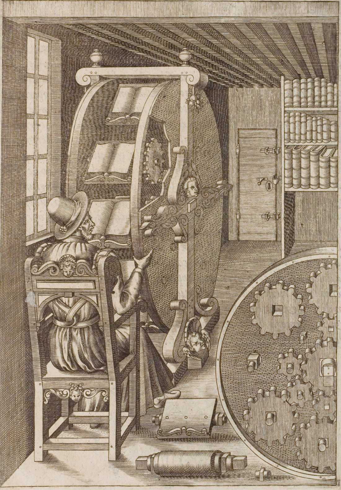 An engraving of a man in a hat seated in a chair beside a window, one hand on a great vertical wheel fitted with lecterns holding open books. A cutaway at the right shows the gear train inside the wheel; bookshelves and a cabinet fill the wall behind.