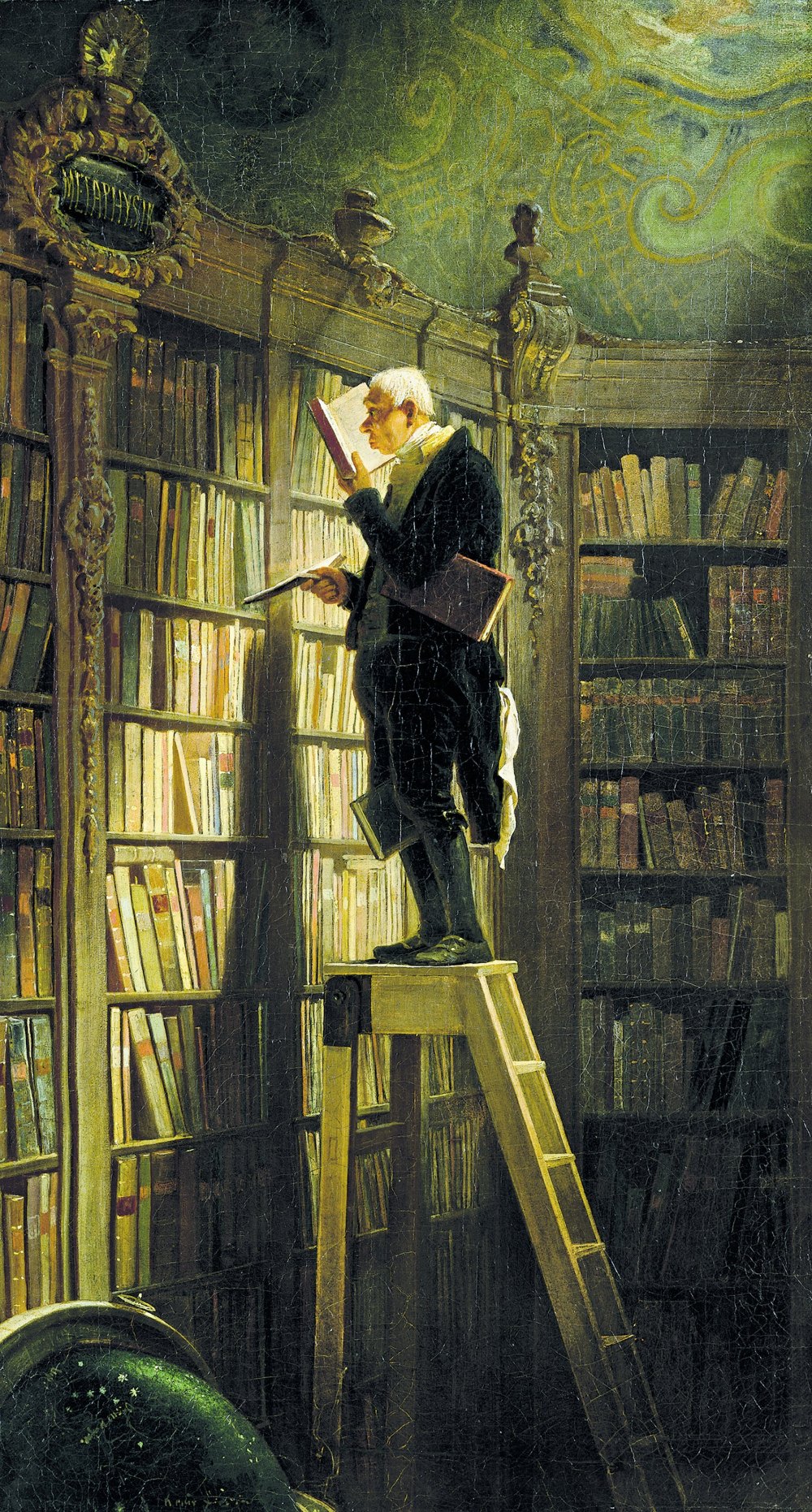 A white-haired scholar in black, perched on the highest rung of a library ladder, faces a tall case of books. He holds one open volume to his face, another open in his right hand, a third caught under his elbow, and a fourth locked between his knees. A globe waits in shadow at the foot of the canvas.